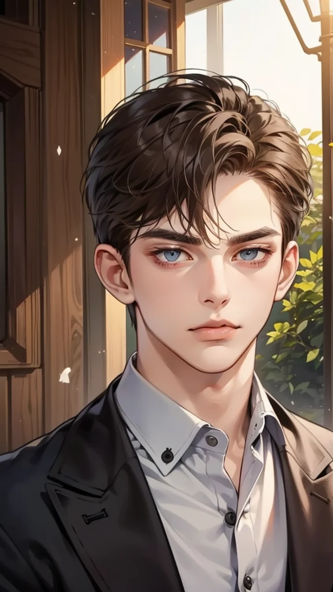 masterpiece, best quality, Practical, 1 person, Mature male, A quiet and charming young man, 25 years old, Serious look, Shut up, portrait, Extremely detailed face, sneer, ((Blue-grey eyes)), ((Short dark brown hair)), [Thick eyebrows], ((Set)), Handsome, whole body, The west, Jewish, Light brown skin,