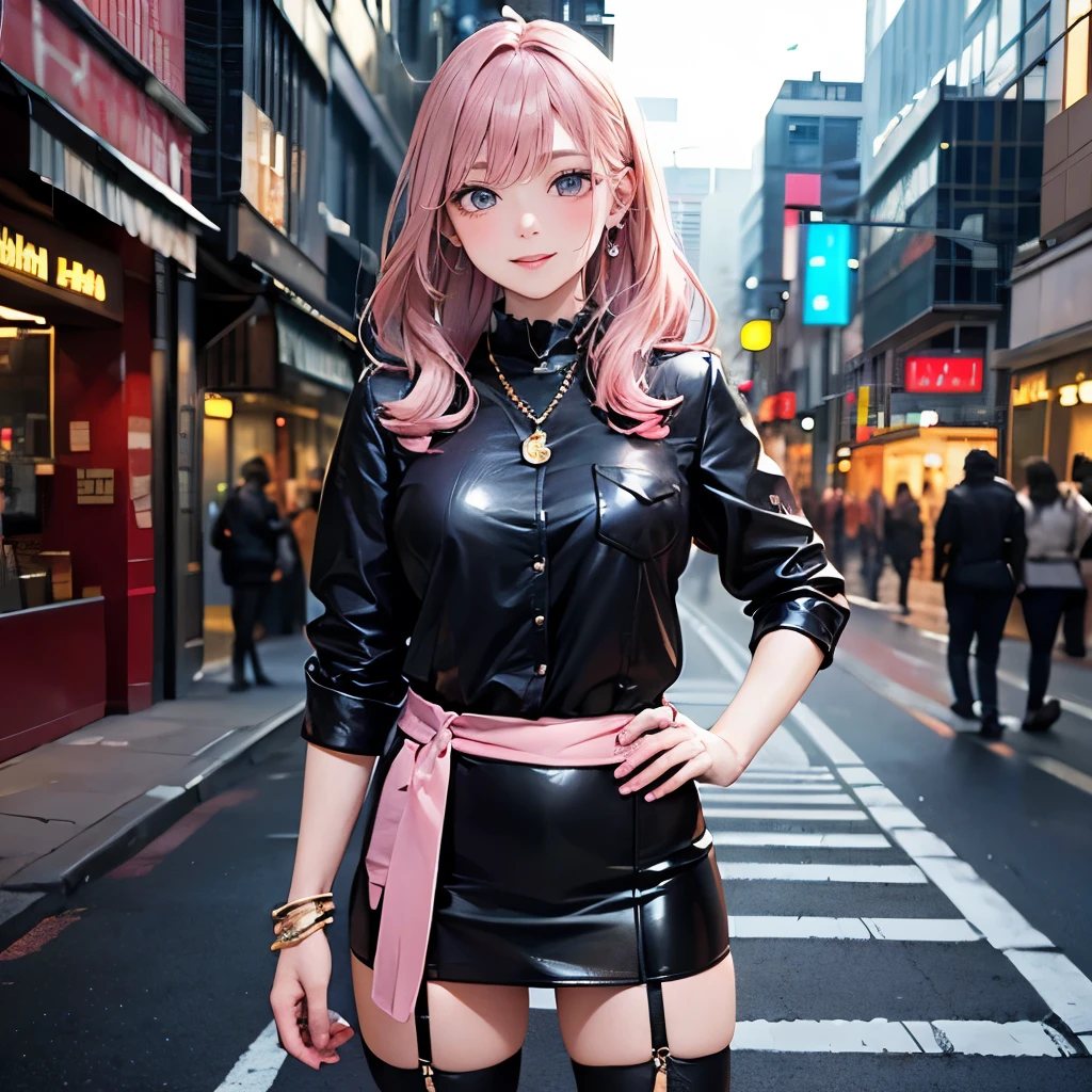 (masterpiece, Highest quality:1.3), (Super detailed:1.2), (hyperRealistic:1.3), (RAW Photos:1.2), High-definition RAW color photos, Professional photos, (PhotoRealistic:1.4), (Realistic:1.4), (Pink Hair:1.5), Professional Lighting, Perfect Anatomy, (Big Breasts:1.2), (blush, Detailed face), (Bright smile:1.5), Trending Hair&Trending Hairカラーをランダムに, Earrings, necklace, bracelet, Sexy, erotic Sexy, Random sexy gravure poses, (Beautiful woman in a black leather skirt、Urban neon street in the background、Cool look、Long hair blowing in the wind、Stand with one hand in your pocket、The garter belt is visible through the slit in the skirt。:1.3)