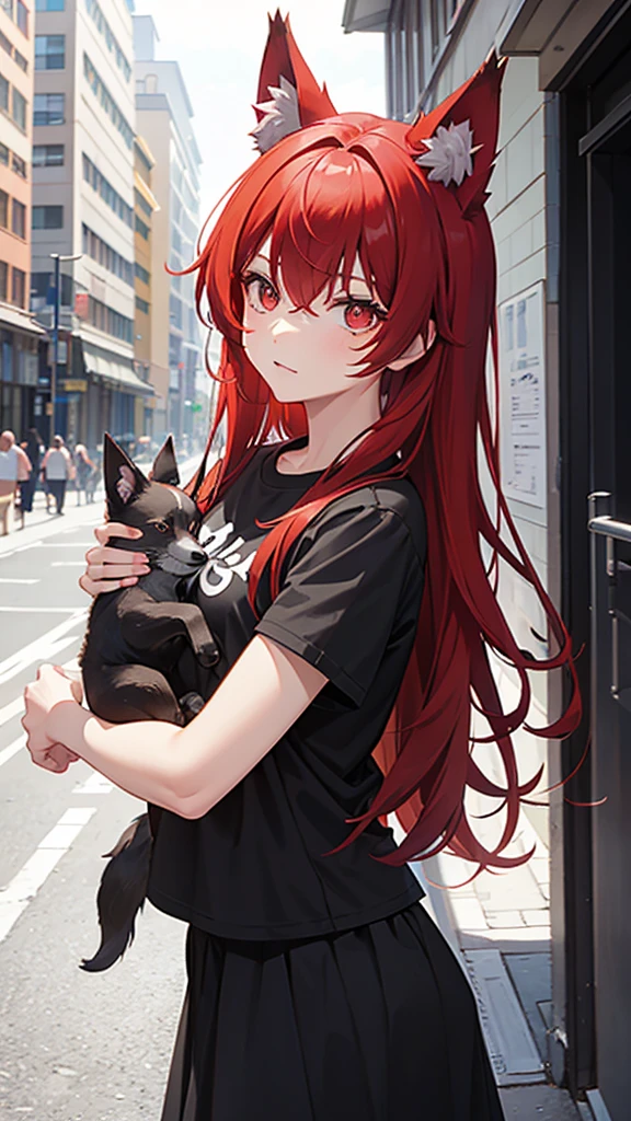 Red Hair, Black Shirt, Wolf Ears, Little Guy
