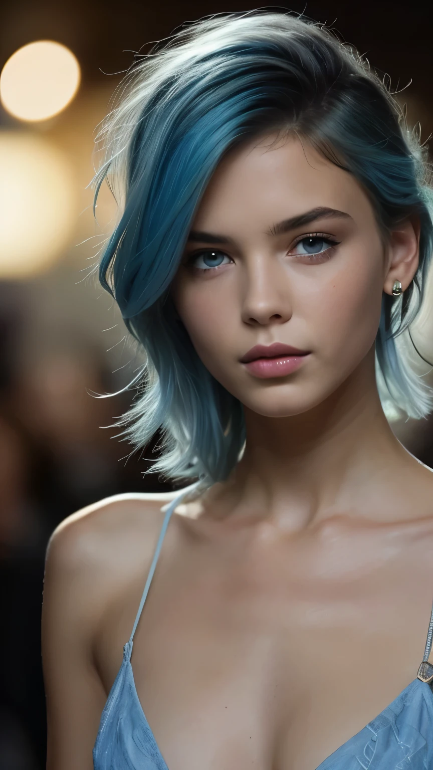 elegant, detailed fashion model runway walk, (confident runway strut), ((glamorous catwalk backdrop)), (feminine), (((blue hair))), ((alluring facial expression)), ((exquisitely detailed facial features)), ((perfect eyes)), extremely detailed painting, intricate, painterly brush strokes, ((Bastien Lecouffe-Deharme art style)), 8k wallpaper, nikon, trending on Artstation, trending on CGSociety, midjourney art, (sensual)