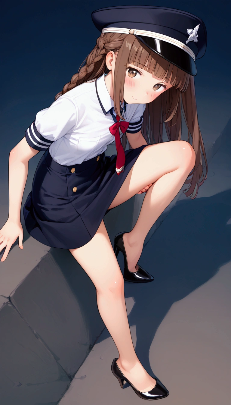 {Highest quality}, {Super beautiful},{Ultra fine},{Best illustration},Brown Hair,Hime cut,long hair,Braid,One woman,Uniform cap,White Shirt,Short sleeve,Long black skirt,Night Park,Blushing,Slender,Black stiletto heels,barefoot,Stand with your legs together,From an angle,Strike a pose