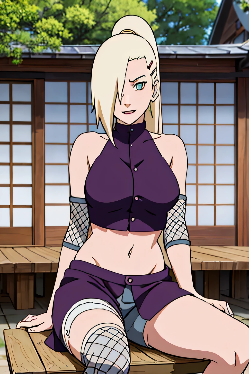 (Position yourself for the audience.), Ino Yamanaka, looking at the audience, charming, Groin, cowboy shoot, Extraordinarily detailed face, sunny day, Daytime, upper body view, anime style, alone, House details, Blonde, ((One eye is covered with fur., Hair over the eyes)), Medium bust, Belly button, looking at the audience, (off shoulder, Broad shoulders, curved body), hidden eyes, smile, open mouth, very happy, high, Hair clips, Looks sharp, Sharp face, Sharp eyes, cool colors,Knees up,Beautiful legs,Leg kick,sitting on the table,Leg lift,Split your legs,Show your pants,Sit with legs open