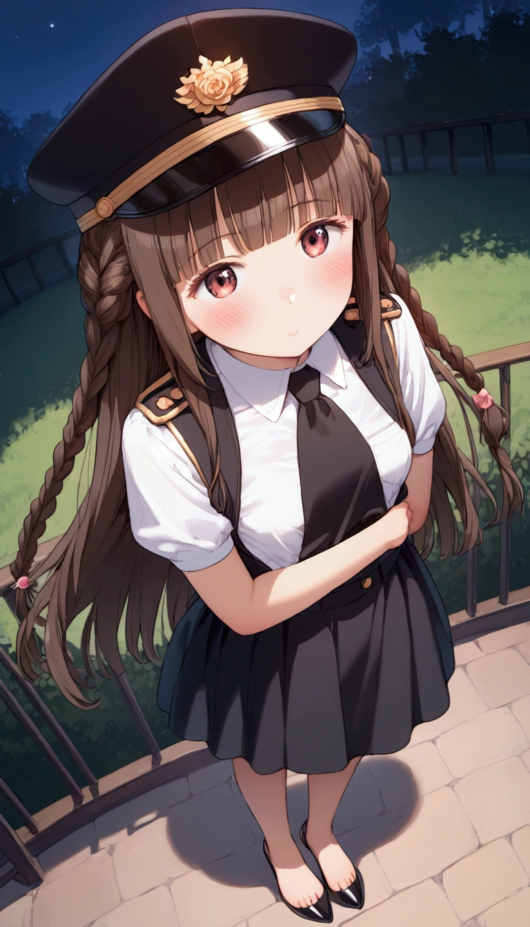 {Highest quality}, {Super beautiful},{Ultra fine},{Best illustration},Brown Hair,Hime cut,long hair,Braid,One woman,Standing Woman,Uniform cap,White Shirt,Short sleeve,Long black skirt,Night Park,Blushing,Slender,Black stiletto heels,barefoot,Stand with your legs together,From an angle,
