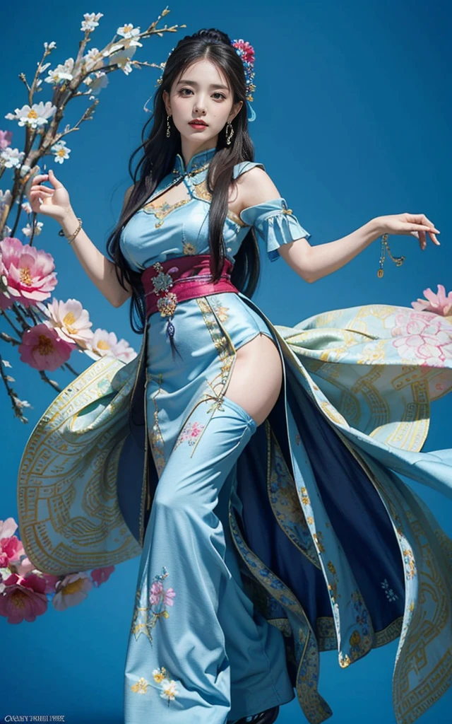 (masterpiece, Top quality, best quality, Official Art, beautiful and aesthetic:1.2), (1 Girl:1.3), Extremely detailed,(Fractal Art:1.1),(rich and colorful:1.1)(Flowers:1.3),The most detailed,(tangled:1.2), (Dynamic poses), (Blue Background:1.3), (Chinese dress:1.2), (Glowing skin), (Many colors:1.4), ,(earrings:1.4),