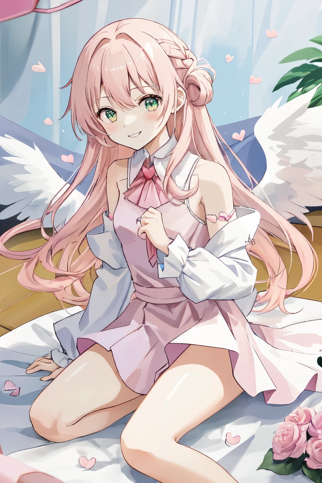 1_girl, (anime, kawai:2), (masterpeice, best_quality, clean:1.5), (sky_background:1.2), (cute, cute_smile, wholesome, young:2), (delicate, extremely_delicate, beautiful, thin:1.5), (girlfriend, angel:2), (green_eyes, cute_eyes, simple_eyes:1.8) (long_hair, blond_hair:2), (combat:1.2), (wearing_pink_dress, pink_angel_wings:1.6), (combat:1.2), extremely_delicate, (love_magic:1.5), (age_size_fits_body), (small_thighs:1.3), (breasts), (eye_level:1.3), (heart_magic, love:1.8), (warm:1.8), (folded_legs:1.5), (cheerful:1.3)