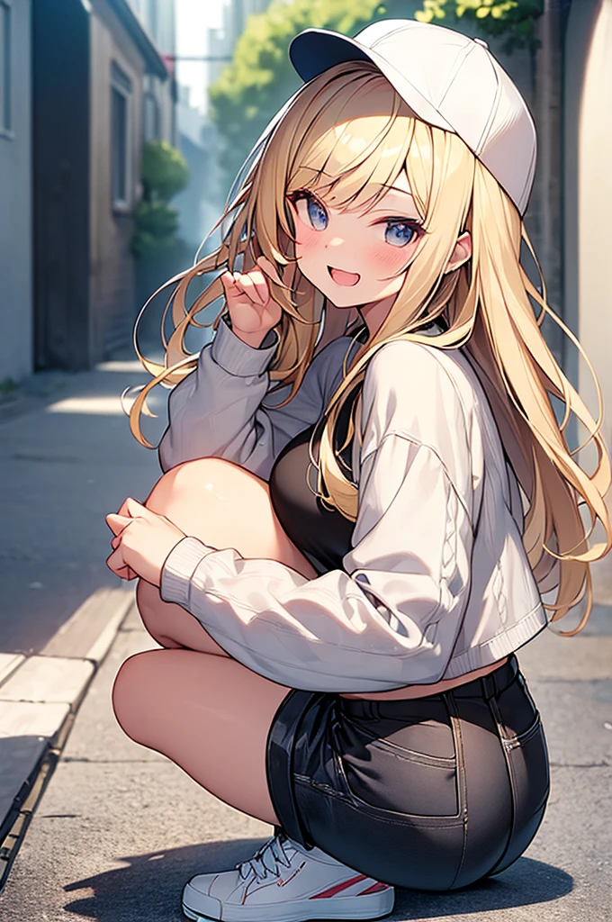 Realistic image, detailed image, 1 girl. She has cat ears. She has greenish blue eyes. She has long blonde hair, wears earrings. She wears a long boiled sweater, off shoulder V-neck. Pleated mini skirt with ruffles. sexy thin thong. sneakers. She has small tits, narrow waist, wide hips and thick thighs. smiling. Full body view. Back arched. walking sensually. White background. Volumetric light. Ambient light