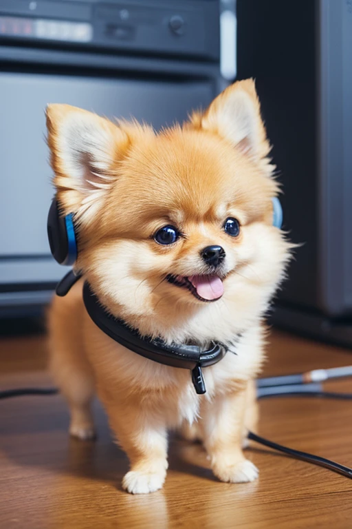 Create a cartoon-style image of a Pomeranian wearing headphones。
The main focus is on Pomeranians.、Please output something that is not human.。