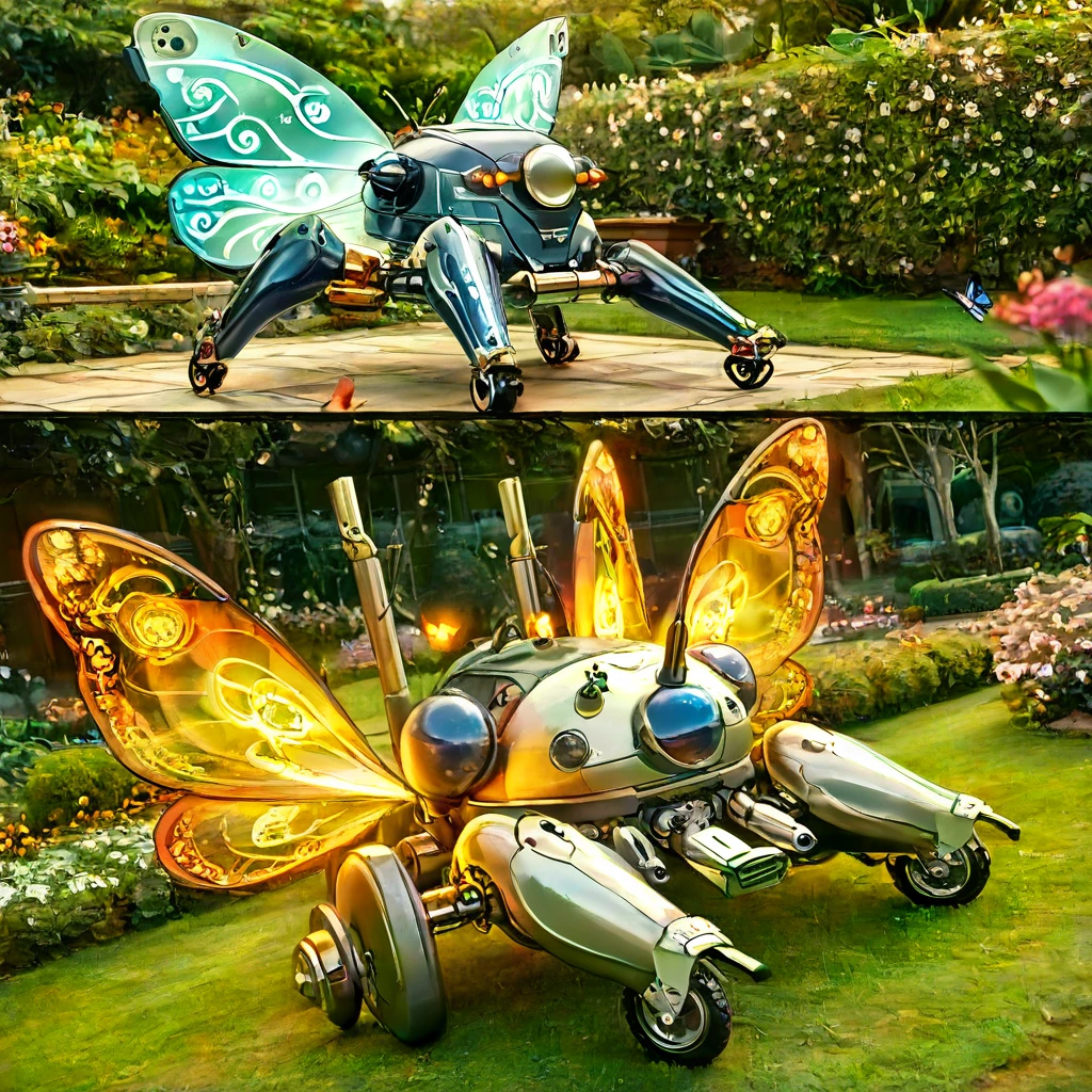 Mechanobiology, tachikoma, Mecha Butterfly, Luminous wings, garden, High resolution, Futuristic Design