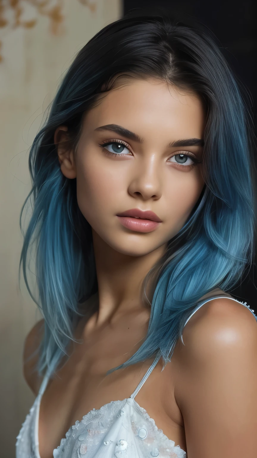 elegant, detailed fashion model runway walk, (confident runway strut), ((glamorous catwalk backdrop)), (feminine), (((blue hair))), ((alluring facial expression)), ((exquisitely detailed facial features)), ((perfect eyes)), extremely detailed painting, intricate, painterly brush strokes, ((Bastien Lecouffe-Deharme art style)), 8k wallpaper, nikon, trending on Artstation, trending on CGSociety, midjourney art, (sensual)