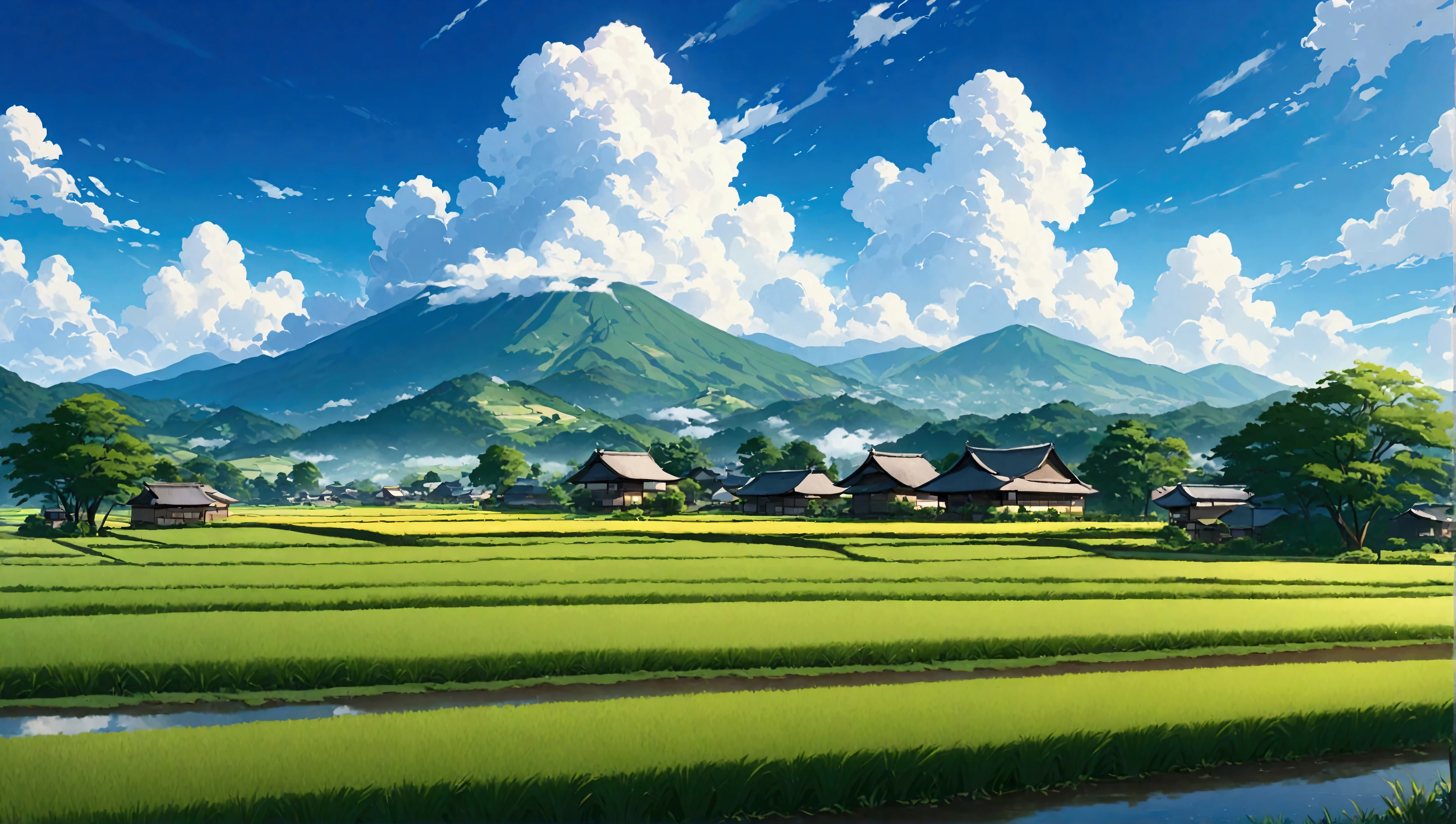 Japanese countryside,Paddy field,Azemichi,Midsummer,sunny,cumulonimbus,Daytime,Highest quality, 8k, High resolution, masterpiece:1.2, Very detailed, Realistic:1.37, High resolution, 超High resolution, Very detailed, Professional, Vibrant colors