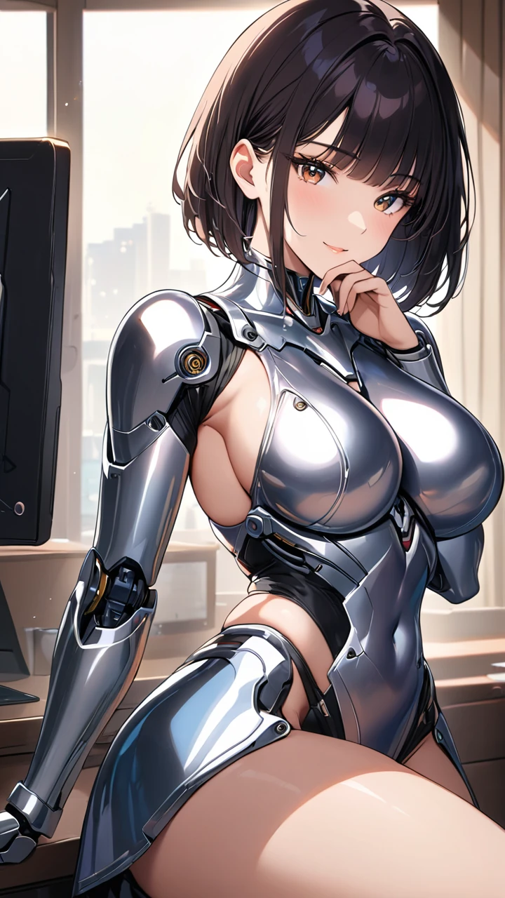 highest quality、masterpiece、portrait of A curvy mature female android having glossy silver metallic mechanical specular body with mechanical joints and internal structures visible,She is resting her chin on her hand,her elbows on the desk,glossy silver metallic body specular reflects her surroundings and glistening by front light,her hip joints is exposed mechanical internal structures,mechanical breasts sagging, BREAK,(she is black hair),bob cut cascading down her shoulder and diagonal bangs,she has Elaborate glossy dark brown eyes aglow with inner light,long eyelashes,30 yo,seductive smile,looking at viewer, fil light,depth of fields,living room background blurred, mechanical eyes 