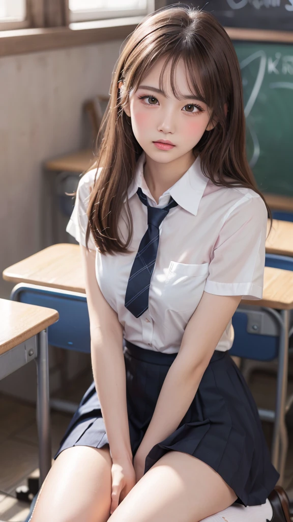 (Showing on panties:1.2), (Professional portrait, Realistic and perfectly shaped subjects:1.3), (masterpiece, highest quality:1.2), (Realistic, Ultra-realistic, Realistic:1.3), (ultra High resolution), High resolution, Intricate details, Super detailed, (Highly detailed CG, unity 8k wallpaper:1.3), Clear image,
break
(1 Japanese girl, 16 years old), (cute, Slender figure), (Perfect Anatomy, Correct limbs:1.2), (Perfect hands), Perfect Arms, Beautiful and delicate face down to the last detail, Beautiful and delicate eye and eye highlights, (Very thin and delicate、not too long lashes), (Captivating eyes, Beautifully detailed eyes and face), light makeup, Pink Lip, Lip gloss, Stylish face, (Shiny skin, Realistic skin detail), Brown Hair, medium chest
break
((school uniform)), (High school girl), (Black socks), shirt open
break
classroom, Sitting in a chair, (Cowboy Shot), break
(((blush:1.4))), ((Embarrassing:1.4)), (((shy:1.5)))
break
from below
break
