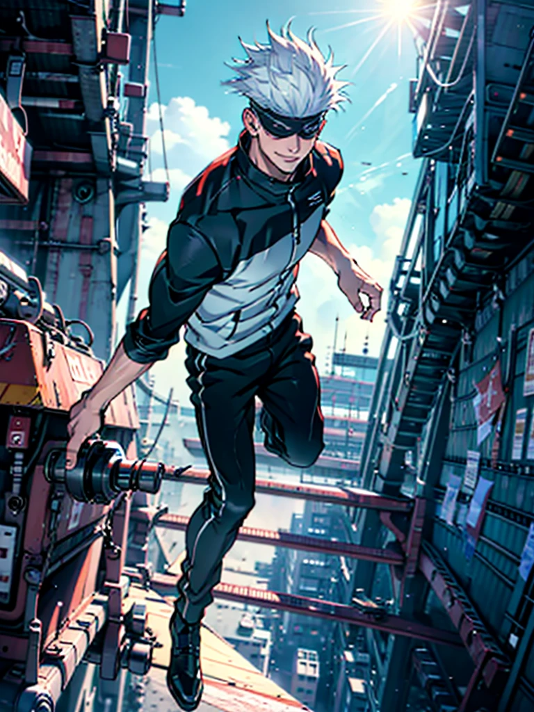 1boy, full body shot, perfect hand and fingers, satoru gojo, blindfold, black outfit, white hair, look at sky, smirk, red and academy background, wallpaper, cinematic,High resolution 8K, Bright light illumination, lens flare, sharpness, masterpiece, top-quality, The ultra -The high-definition, high resolution, extremely details CG, Anime style, Film Portrait Photography,masterpiece,hyperdetail