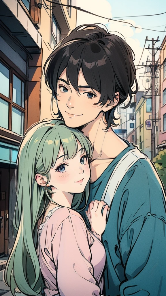 Anime-style drawing of a man and woman standing side by side, Lovely couple, Couple pose, Smiling at each other, Happy couple, Cute art style, Smiling couple, sakimichan and frank franzzeta, High quality fan art, Cute realistic portrait, Boys and Girls, growth of a couple, Exciting Illustrations, nixeu and sakimichan