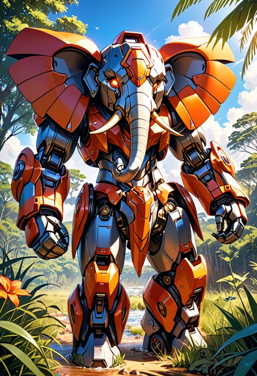 a portrait of a ((mechanical elephant: 1.2)) in the jungle, an epic mecha elephant ((full body: 1.5)), ((anatomically correct: 1.5)), (ultra detailed face: 1.2), mechanical eyes, ,mechanical trunk, in the savannah , full of savannah wild life, there is a stream of water, it is a sunny day, there are sun rays, savannah background, vibrant, Ultra-high resolution, High Contrast, (masterpiece:1.5), highest quality, Best aesthetics), best details, best quality, highres, 16k, (ultra detailed: 1.5), masterpiece, best quality, (extremely detailed) RAW, (ultra details, Masterpiece, best quality), nijimecha