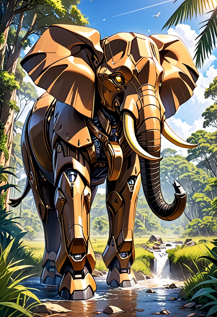 a portrait of a ((mechanical elephant: 1.2)) in the jungle, an epic mecha elephant ((full body: 1.5)), ((anatomically correct: 1.5)), (ultra detailed face: 1.2), mechanical eyes, ,mechanical trunk, in the savannah , full of savannah wild life, there is a stream of water, it is a sunny day, there are sun rays, savannah background, vibrant, Ultra-high resolution, High Contrast, (masterpiece:1.5), highest quality, Best aesthetics), best details, best quality, highres, 16k, (ultra detailed: 1.5), masterpiece, best quality, (extremely detailed) RAW, (ultra details, Masterpiece, best quality), nijimecha