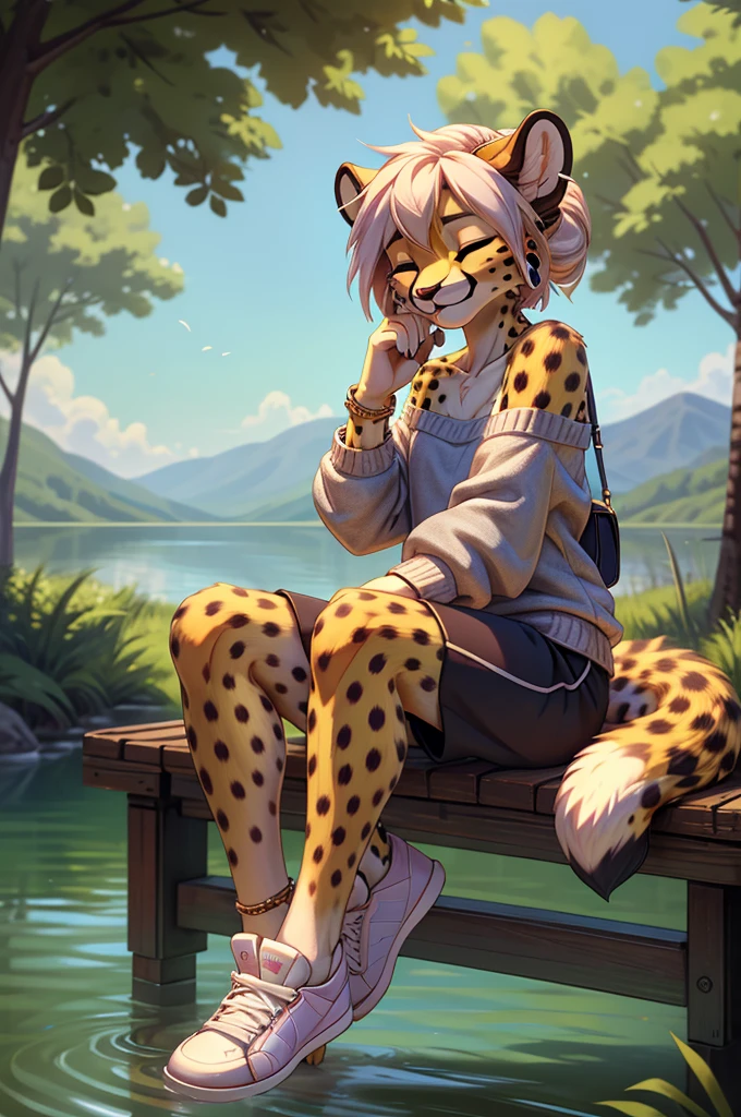 Prompt: A beautiful, (masterpiece), high quality, perfect lighting, highly detailed CG Unity 8k wallpaper, high resolution, perfect lighting, youthful, adolescent, tall, slim, skinny, frail slender figure, slim legs, distinctly feminine figure, narrow hips, long legs, close-up shot of a unique female cheetah character. She has sleek, golden-yellow fur with distinctive black spots tered across her body, adding to her natural elegance. Her hair is styled in a loose, messy bun, with a few strands escaping to frame her face. Her eyes are a striking blue, filled with a playful spark.
She is dressed in casual, loose clothing: an oversized, off-the-shoulder sweater in a soft, heather grey fabric, paired with comfortable, loose-fitting joggers in a matching color. She wears simple, white sneakers and a few casual accessories, including a woven bracelet and a pair of small, stud earrings. She has a messenger bag slung across her body, its strap decorated with various pins and patches.
The character is posed in a candid, relaxed moment, sitting on the edge of a wooden pier with her legs dangling over the water. She is leaning back on her hands, her face tilted up to enjoy the warmth of the sun, eyes closed in contentment. The background is a softly blurred lakeside scene with calm water and distant trees, enhancing the serene and laid-back atmosphere. The lighting highlights the texture of her fur and the softness of her clothing, creating an inviting and tranquil scene that captures a peaceful, everyday moment.