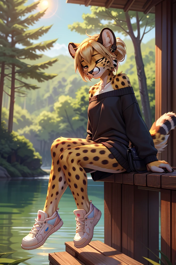 **Prompt:** A beautiful, (masterpiece), high quality, perfect lighting, highly detailed CG Unity 8k wallpaper, high resolution, perfect lighting, youthful, adolescent, tall, slim, skinny, frail slender figure, slim legs, distinctly feminine figure, narrow hips, long legs, close-up shot of a unique female cheetah character. She has sleek, golden-yellow fur with distinctive black spots scattered across her body, adding to her natural elegance. Her hair is styled in a loose, messy bun, with a few strands escaping to frame her face. Her eyes are a striking blue, filled with a playful spark.

She is dressed in casual, loose clothing: an oversized, off-the-shoulder sweater in a soft, heather grey fabric, paired with comfortable, loose-fitting joggers in a matching color. She wears simple, white sneakers and a few casual accessories, including a woven bracelet and a pair of small, stud earrings. She has a messenger bag slung across her body, its strap decorated with various pins and patches.

The character is posed in a candid, relaxed moment, sitting on the edge of a wooden pier with her legs dangling over the water. She is leaning back on her hands, her face tilted up to enjoy the warmth of the sun, eyes closed in contentment. The background is a softly blurred lakeside scene with calm water and distant trees, enhancing the serene and laid-back atmosphere. The lighting highlights the texture of her fur and the softness of her clothing, creating an inviting and tranquil scene that captures a peaceful, everyday moment.