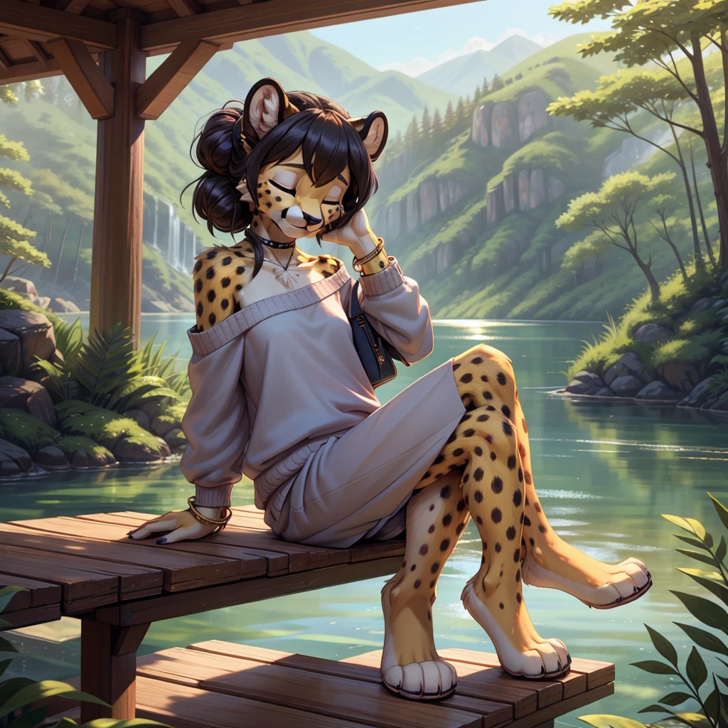 **Prompt:** A beautiful, (masterpiece), high quality, perfect lighting, highly detailed CG Unity 8k wallpaper, high resolution, perfect lighting, youthful, adolescent, tall, slim, skinny, frail slender figure, slim legs, distinctly feminine figure, narrow hips, long legs, close-up shot of a unique female cheetah character. She has sleek, golden-yellow fur with distinctive black spots scattered across her body, adding to her natural elegance. Her hair is styled in a loose, messy bun, with a few strands escaping to frame her face. Her eyes are a striking blue, filled with a playful spark.
She is dressed in casual, loose clothing: an oversized, off-the-shoulder sweater in a soft, heather grey fabric, paired with comfortable, loose-fitting joggers in a matching color. She wears simple, white sneakers and a few casual accessories, including a woven bracelet and a pair of small, stud earrings. She has a messenger bag slung across her body, its strap decorated with various pins and patches.
The character is posed in a candid, relaxed moment, sitting on the edge of a wooden pier with her legs dangling over the water. She is leaning back on her hands, her face tilted up to enjoy the warmth of the sun, eyes closed in contentment. The background is a softly blurred lakeside scene with calm water and distant trees, enhancing the serene and laid-back atmosphere. The lighting highlights the texture of her fur and the softness of her clothing, creating an inviting and tranquil scene that captures a peaceful, everyday moment.