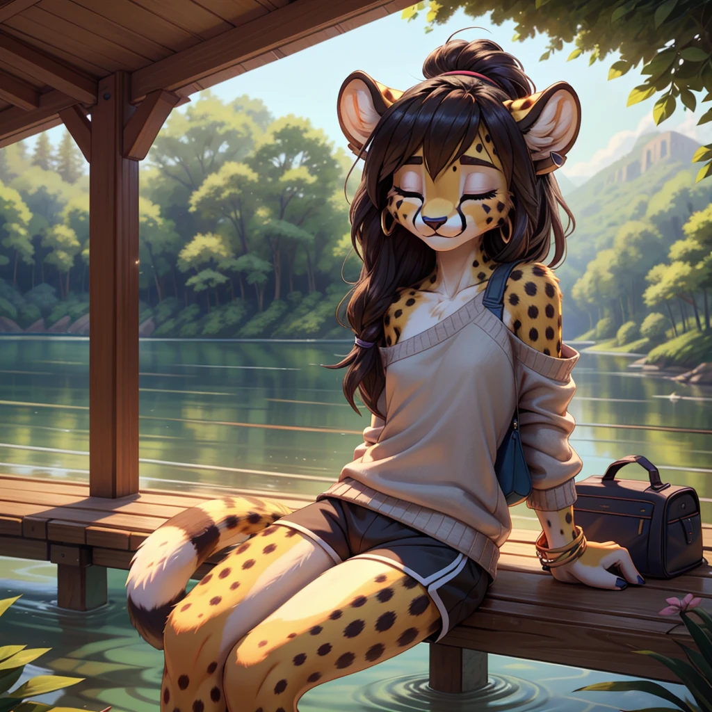 **Prompt:** A beautiful, (masterpiece), high quality, perfect lighting, highly detailed CG Unity 8k wallpaper, high resolution, perfect lighting, youthful, adolescent, tall, slim, skinny, frail slender figure, slim legs, distinctly feminine figure, narrow hips, long legs, close-up shot of a unique female cheetah character. She has sleek, golden-yellow fur with distinctive black spots scattered across her body, adding to her natural elegance. Her hair is styled in a loose, messy bun, with a few strands escaping to frame her face. Her eyes are a striking blue, filled with a playful spark.
She is dressed in casual, loose clothing: an oversized, off-the-shoulder sweater in a soft, heather grey fabric, paired with comfortable, loose-fitting joggers in a matching color. She wears simple, white sneakers and a few casual accessories, including a woven bracelet and a pair of small, stud earrings. She has a messenger bag slung across her body, its strap decorated with various pins and patches.
The character is posed in a candid, relaxed moment, sitting on the edge of a wooden pier with her legs dangling over the water. She is leaning back on her hands, her face tilted up to enjoy the warmth of the sun, eyes closed in contentment. The background is a softly blurred lakeside scene with calm water and distant trees, enhancing the serene and laid-back atmosphere. The lighting highlights the texture of her fur and the softness of her clothing, creating an inviting and tranquil scene that captures a peaceful, everyday moment.