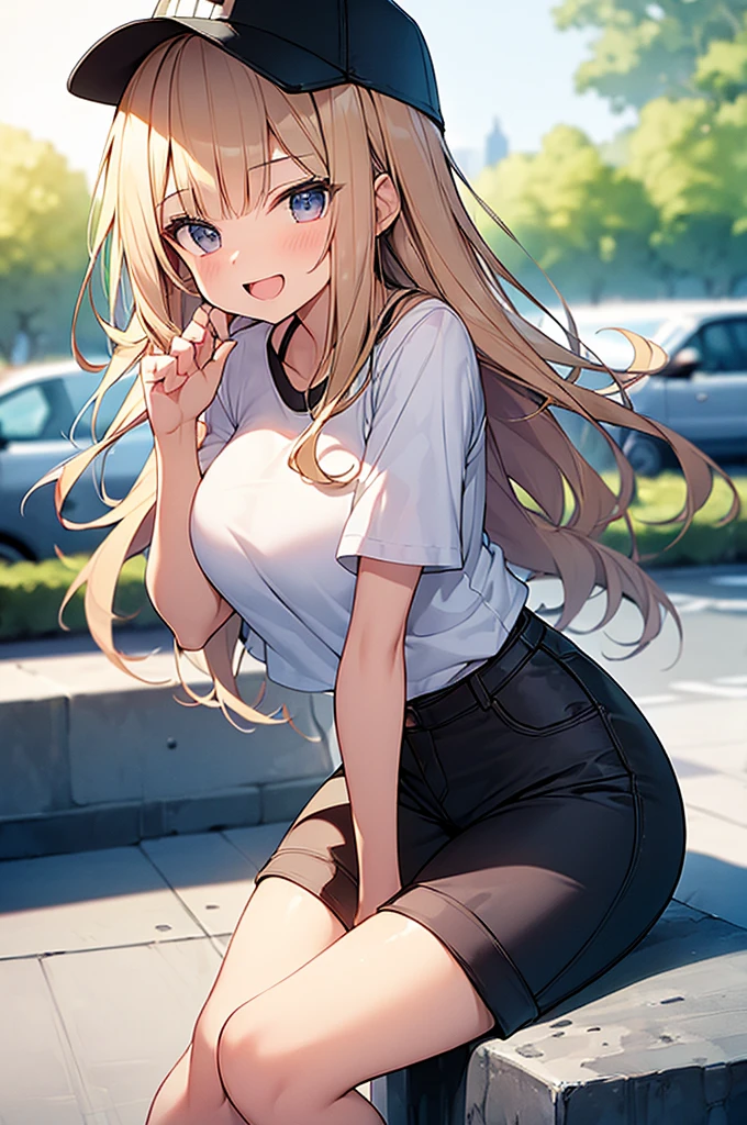 (Masterpiece, Top quality:1.5), 1 beautiful girl, solo, sitting down, from side, Blonde, medium Hair, wavy Hair, asymmetry bangs, swept bangs, airy hair, large breasts:1.2, 16 year old, standard weight, (casual summer fashion, Shorts :1.3), baseball cap, smile:1.3, blush, beautiful scene of street, blurry background, magnificent panorama view, blurry background, open mouth,