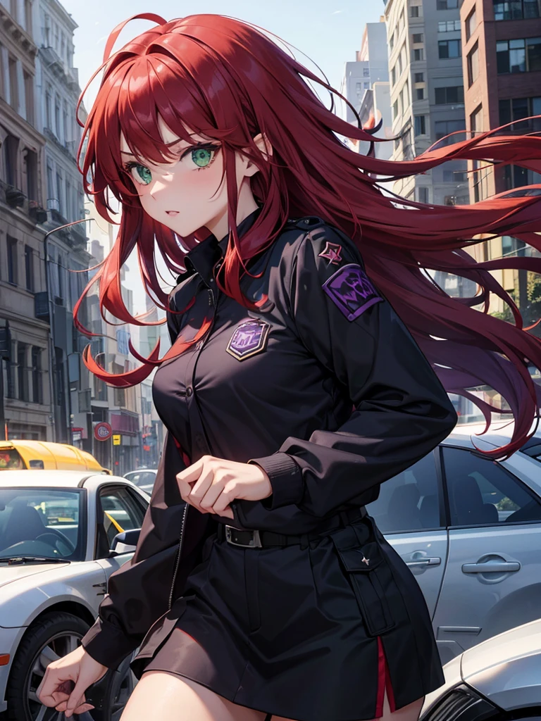 girl, green eyes, long red hair, she hair messy wavy. have bangs. wear purple black uniform, arogant, independent woman, itimidating women. agent. fight. thug