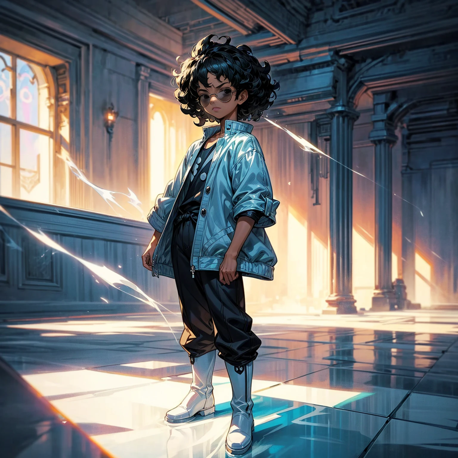 Solo character, full body version, kid boy, black eyes, black hair, Curly hairstyle, sunglasses, casual clothing, white shirt, white boots, detailed shadow, (one piece style art), indoor room ice floor, Nitrogen smoke, glow ice effect, standing gesture, hand ice, glow effect