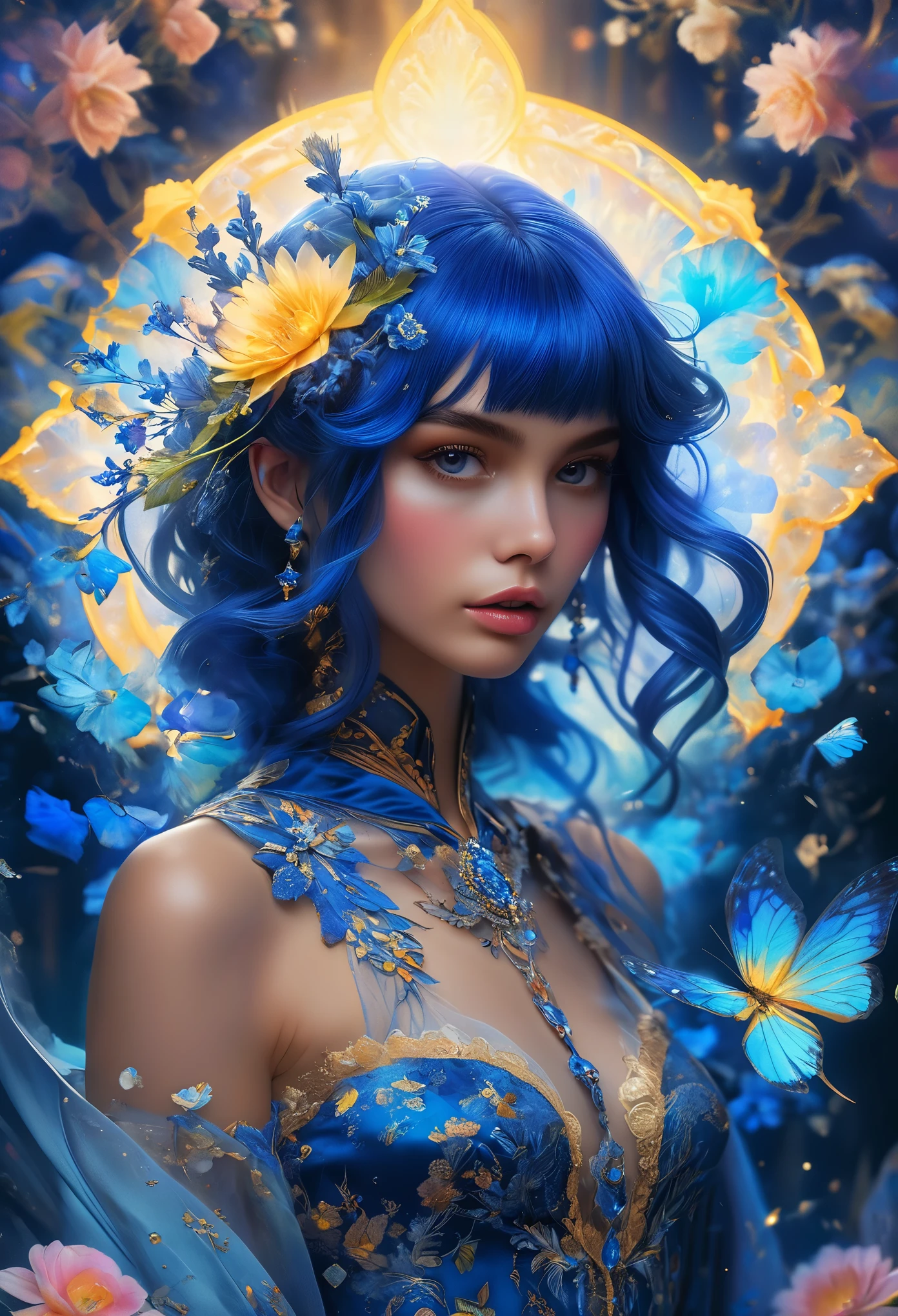 (masterpiece, Highest quality, Highest quality, Official Art, beautifully、aesthetic:1.2), (One girl:1.3), (Fractal Art:1.3), card, Tarot, Indigo blue Hair, Twin Blade, Hair Flower, (Good lighting:1.1), ((High resolution)), Tarot card style