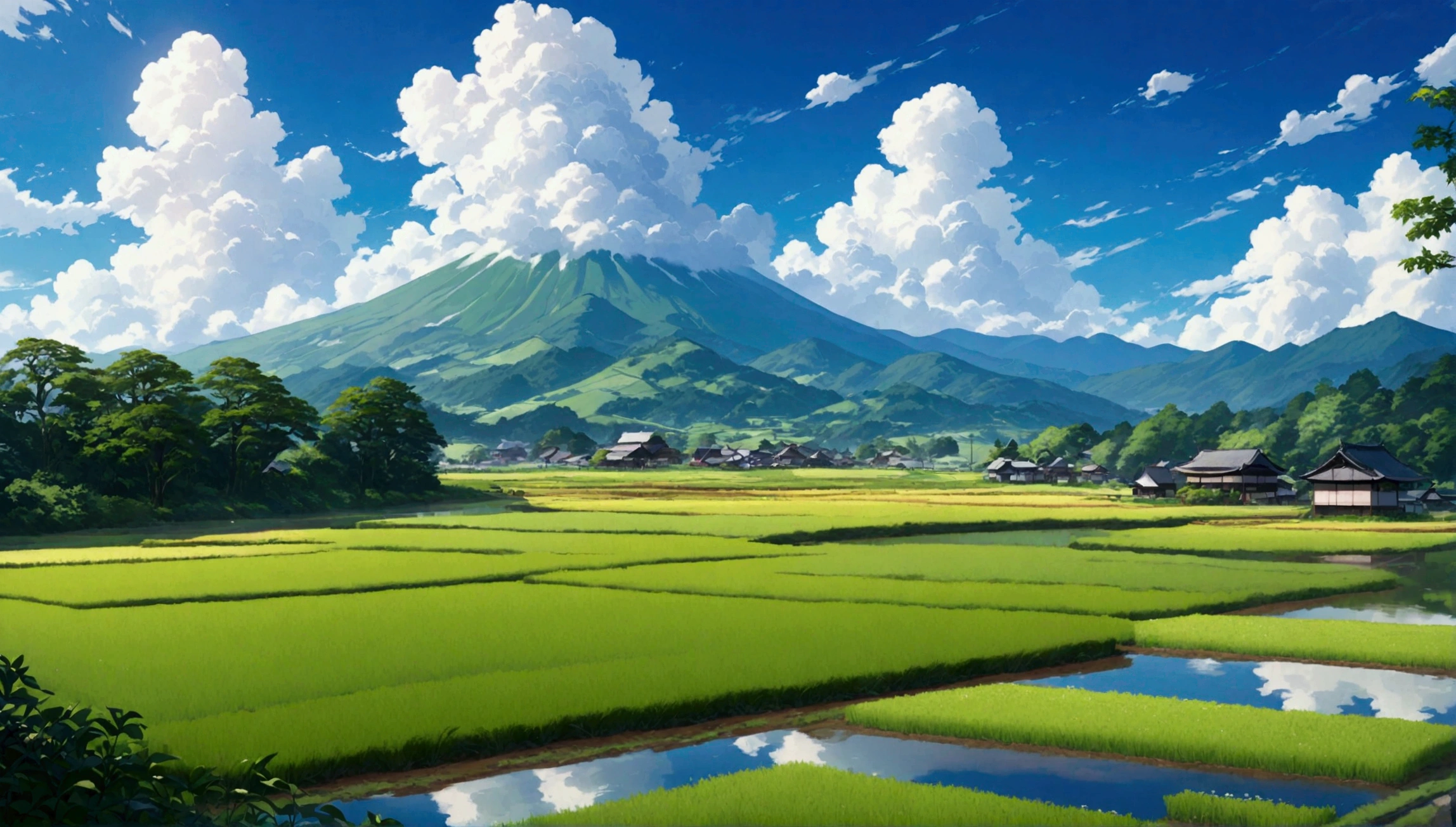 Japanese countryside,Paddy field,Azemichi,Midsummer,sunny,cumulonimbus,Daytime,Highest quality, 8k, High resolution, masterpiece:1.2, Very detailed, Realistic:1.37, High resolution, 超High resolution, Very detailed, Professional, Vibrant colors