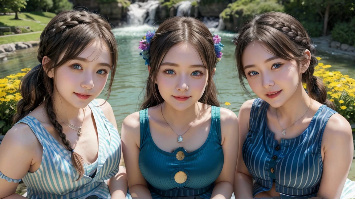 ( 3 girls),smile、Look into the camera、Diamond necklace、Braided hair, random colored tank top、The material is smooth and flexible.、exposed upper arms、Blue-green striped knee-length socks Extra long twin tail hair、close range shooting、Flower Hair Ornaments、Blindfold、Garter、 Masterpiece, Highest quality, 8ก, beautiful girl, young face、 photography, Cute face, thigh, waterfall,、รอยsmile、small waist, blue eyes(((The chest is erect.)))(large round chest:1.9),