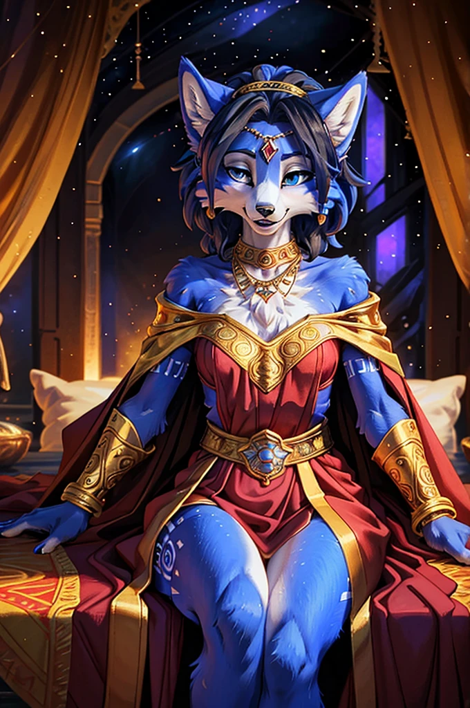 A beautiful and detailed (sweet picture) wa ((krystal)), Star Fox Krystal, sslim, lovable, green eyes, medium breasts, (((Long blue hair 1.3))), ((black hair tips)), Decollete, grin, look up,, anthro, furry, Uploaded E621, detailed fluffy fur, (wa Fluff-Kevlar, Bayard Wu, personalize me, Pino Daeni), detailed face, (fluffy), 1 girl, alone, Tribal clothing, sweet girl, ASCIIrealisti, masterpiece,
(Three quarters back) VIEW, back, over shoulder, shot above, detailed and extremely fluffy body fur, shiny coat, Cute fangs,
sit on a table, sexy Pose, ((Long wavy blue hair, Hair above the eye)),
(Starry Night Empress Robes, dark dress, reminiscent of a starry sky, flowing cape, Crescent Accessories),Shimmering Gold, gold necklace, Gold anklets, Gold Bracelets, Golden Belt, golden chain decoration, golden tiara,
Half Closed Eyes, open mouth, Happy,
uploaded to e621, (wa Hasui Kawase:0.5), wa Barbara Takenaga, wa Affandi, wa Beatrice Ethel Lithiby, wa Catcouch,
furrycore,
Night time,
decorated fantasy throne room, colored magic lights, Dim the light,
Antique brass lamps, Hanging brass lamps with stained glass panels cast warm and colorful light into the room, lavishly decorated bed, Cryptic Alchemy Lab radiates an unearthly glow, that defies the laws of natural light., Alchemy laboratory with bubbling potions and mysterious ingredients, living crystalline column,
detailed, realisti, 8K UHD, good quality, good quality photography, 3-point lighting, Flash with softbox, 4K, Canon EOS R3, HDR, smooth, keen focus, High resolution, Award-winning photo, 80mm, f2.8, bokeh,
Film composition, cinematic lighting,highly detailed, masterpiece, best quality, realisti, (intriKatzee:0.9), (High level of detail:1.4), film photograhpy, keen focus,