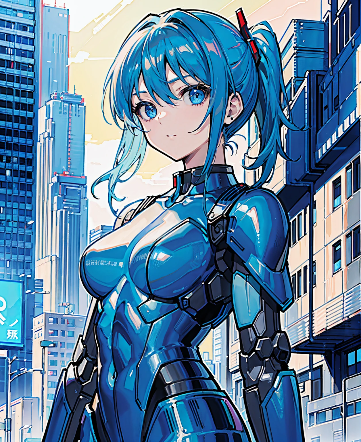 Blue Hair、Masterpiece、Best Quality、1 girl、Medium breast、((Album cover))、Light on Face、Slim Body、Blue Costume、Exoskeleton、metal Gear、Cyberpunk Style、ponytail、The Gundam pilot、attention arousal,Ride a fighter