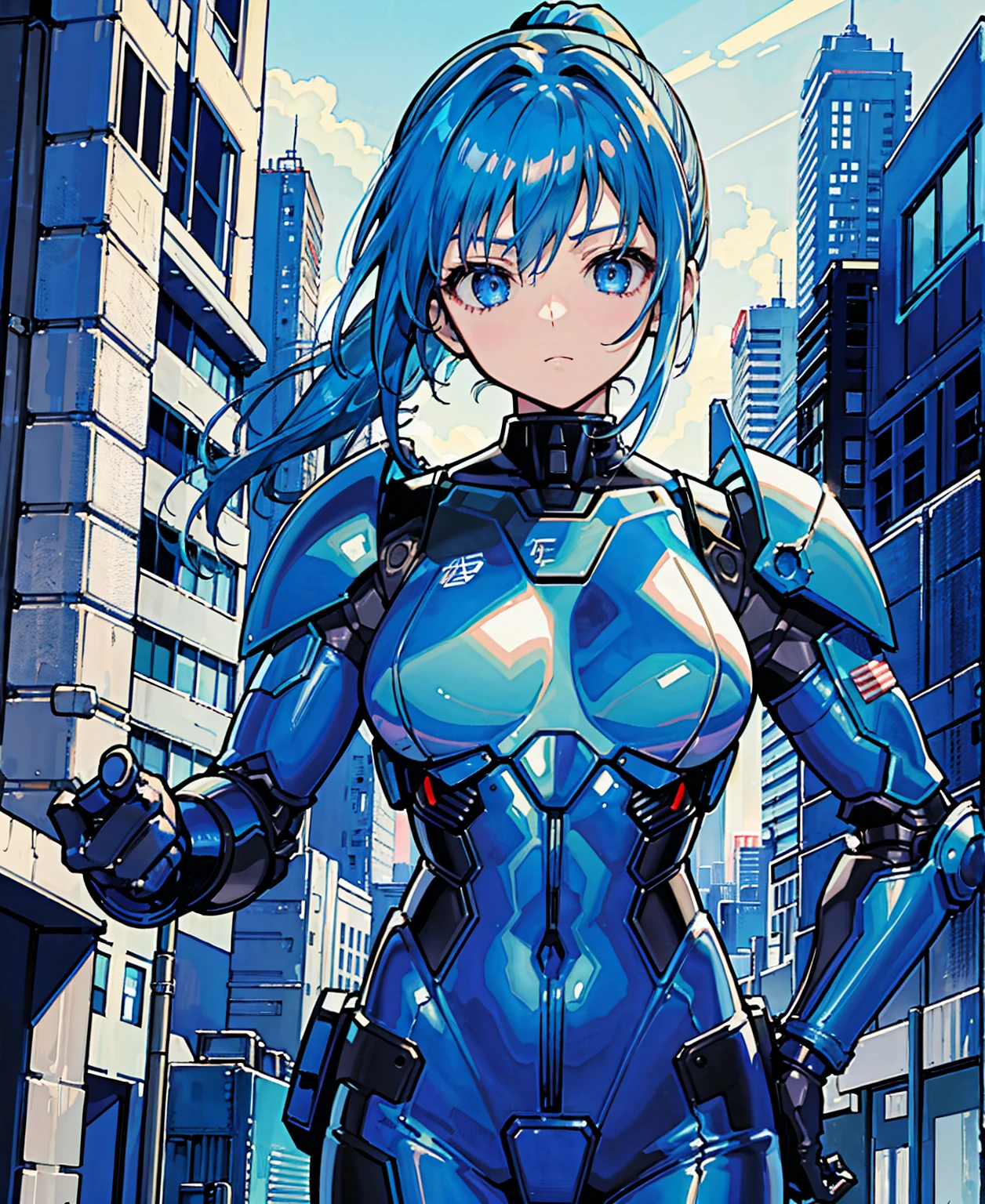 Blue Hair、Masterpiece、Best Quality、1 girl、Medium breast、((Album cover))、Light on Face、Slim Body、Blue Costume、Exoskeleton、metal Gear、Cyberpunk Style、ponytail、The Gundam pilot、attention arousal,Ride a fighter