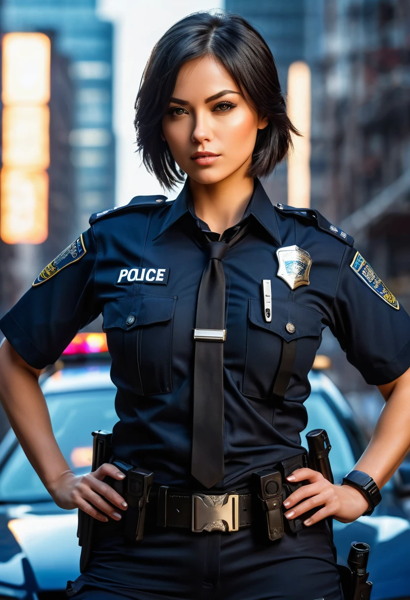 (high quality, 8k, 4k, high contrast, masterpiece:1.2, best quality, best aesthetics), (dynamic angle), Sexy female police officer, Detailed face and body, Beautiful breasts, confident look, (black hair, short hair), Shiny black uniform, Tactical belt with equipment, Glossy Badges and Name Tags, Carrying a small handgun, Standing in a dynamic pose, dutch angle, Flashing police car lights against cityscape background,