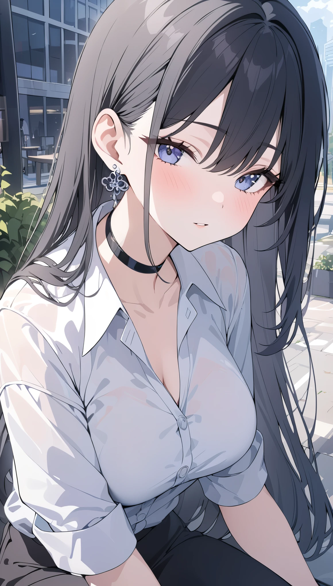 best quality, super_delicate, ultra detailed, beautiful, 8k , 1girl, black hair, business shirt, earrings, choker, outdoor, bright
