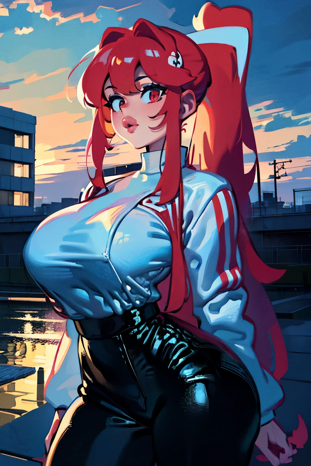 ((work of art,best qualityer)),8 k wallpaper,1 girl, long hair, Red hair, standing alone, don, Eyes red, looking ahead at viewer, long sleeves, standing, building, white don, mitts, hair ornament, Black jacke, ssmile, floating hair, dutch angle, cloused mouth, looking away, plein-air, huge lips, rosto angelical, serene expression, beautiful girl, Facial Focus,  (Ultra Detailed 1.2), (Full HD), (greasy skin)