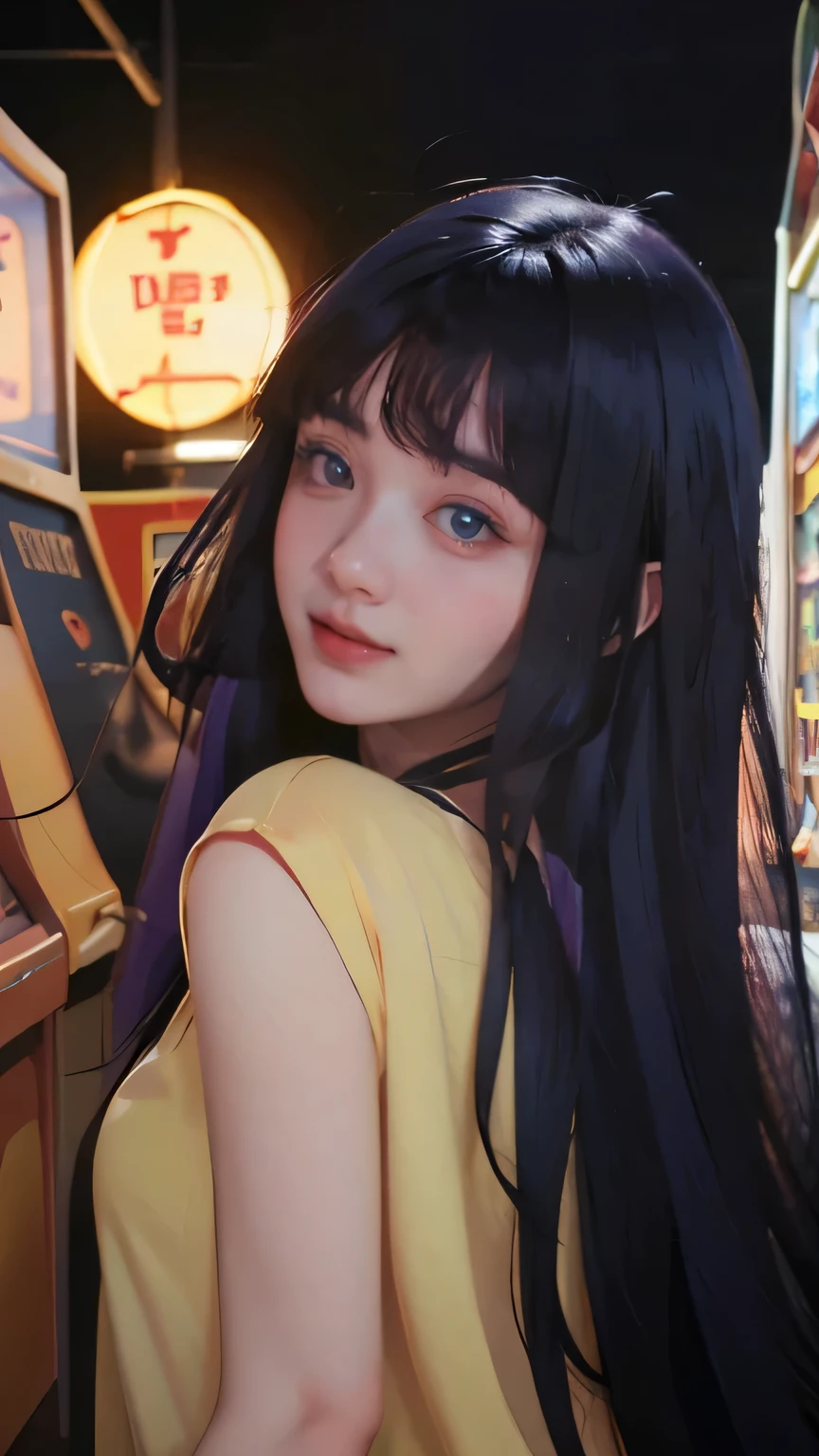 Cute girl with colorful hair smiling joyfully in an arcade, vibrant lights and retro games, playful atmosphere, hyperrealistic digital painting, bright colors, detailed expressions, cinematic lighting, character design inspired by anime and Pixar, 4k resolution