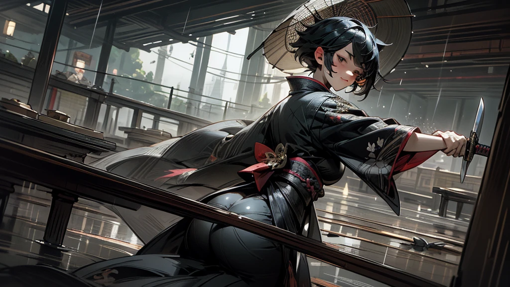 masterpiece,Highest quality,Ultra-fine illustrations,Very detailed,Beautiful background,Perfect Face,Perfect hands,Dynamic Angle,Ink painting style,ass pov,Dynamic Scene,kimono,knife,short hair,rain,battlefield,Beautiful background,Fearless Smile,Ii Slash