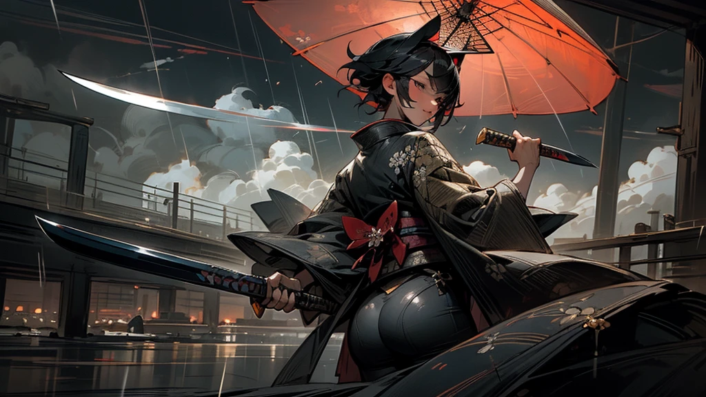 masterpiece,Highest quality,Ultra-fine illustrations,Very detailed,Beautiful background,Perfect Face,Perfect hands,Dynamic Angle,Ink painting style,ass pov,Dynamic Scene,kimono,knife,short hair,rain,battlefield,Beautiful background,Fearless Smile,Ii Slash