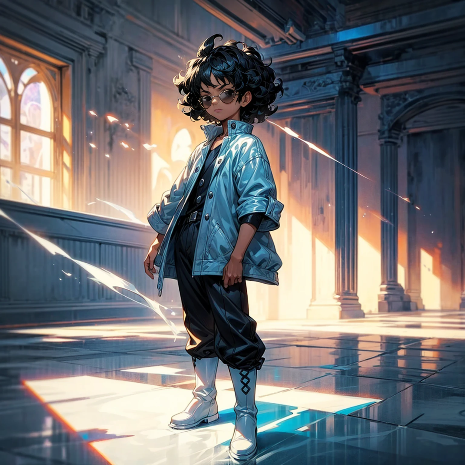 Solo character, full body version, kid boy, black eyes, black hair, Curly hairstyle, sunglasses, casual clothing, white shirt, white boots, detailed shadow, (one piece style art), indoor room ice floor, Nitrogen smoke, glow ice effect, standing gesture, hand ice, glow effect