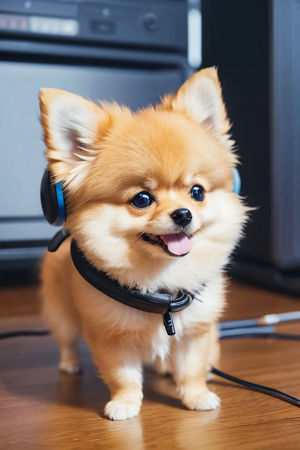 Create a cartoon-style image of a Pomeranian wearing headphones。
The main focus is on Pomeranians.、Please output something that is not human.。