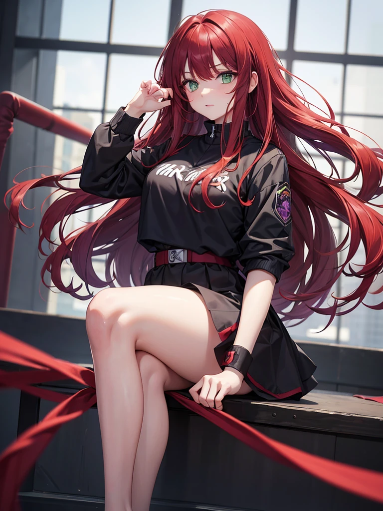 girl, green eyes, long red hair, she hair messy wavy. have bangs. wear purple black uniform, arogant, independent woman, itimidating women. boxing