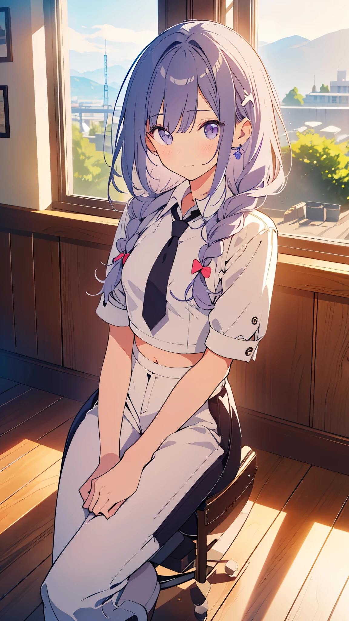 Hair Color is Light pastel purple.
Hair Style is Medium-length hair with loose waves, tied into a side braid on the right. Small, star-shaped hairpins near the fringe on the left side.
Eyes is Large, expressive eyes with deep purple irises.
Expression is A friendly, warm smile with a hint of playfulness. Blush on the cheeks, adding a cute and youthful appearance.
Other Features are Slightly pointed chin, smooth and flawless skin.
Top is White, short-sleeved crop top with a high collar and a black corset-style design around the waist.
Bottom is High-waisted, wide-leg cargo pants in a matching white color.
Accessories are Several silver bracelets on both wrists. A thin, black necktie that adds a casual yet stylish touch to the outfit.
Shoes is Chunky, white platform sneakers.
Scene is Inside a modern cafe with large glass windows showing a scenic view of a flower field and hills. The cafe has wooden floors, plants climbing the walls, and a blackboard menu near the entrance.

The character should appear friendly and approachable, with a sense of style that is modern and trendy.