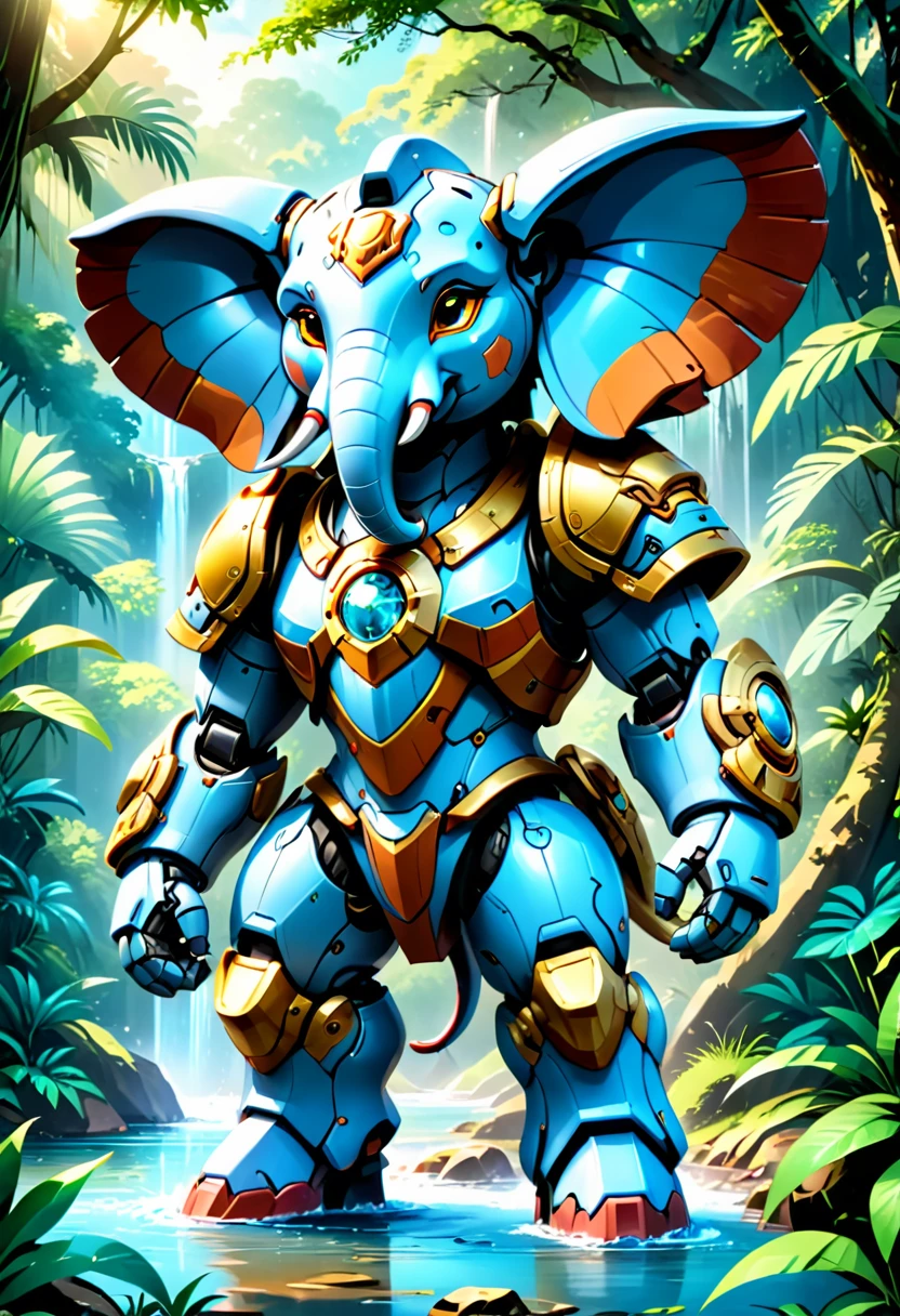 a portrait of a ((mechanical elephant: 1.2)) in the jungle, an epic mecha elephant ((full body: 1.5)), ((anatomically correct: 1.5)), (ultra detailed face: 1.2), mechanical eyes, ,mechanical trunk, in the savannah , full of savannah wild life, there is a stream of water, it is a sunny day, there are sun rays, savannah background, vibrant, Ultra-high resolution, High Contrast, (masterpiece:1.5), highest quality, Best aesthetics), best details, best quality, highres, 16k, (ultra detailed: 1.5), masterpiece, best quality, (extremely detailed) RAW, (ultra details, Masterpiece, best quality), nijimecha