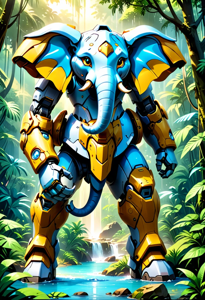 a portrait of a ((mechanical elephant: 1.2)) in the jungle, an epic mecha elephant ((full body: 1.5)), ((anatomically correct: 1.5)), (ultra detailed face: 1.2), mechanical eyes, ,mechanical trunk, in the savannah , full of savannah wild life, there is a stream of water, it is a sunny day, there are sun rays, savannah background, vibrant, Ultra-high resolution, High Contrast, (masterpiece:1.5), highest quality, Best aesthetics), best details, best quality, highres, 16k, (ultra detailed: 1.5), masterpiece, best quality, (extremely detailed) RAW, (ultra details, Masterpiece, best quality), nijimecha