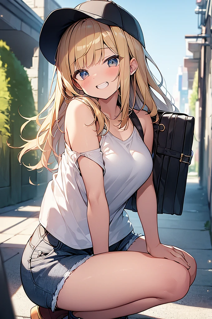 (Masterpiece, Top quality:1.5), 1 beautiful girl, solo, squatting down, from side, Blonde, medium Hair, wavy Hair, asymmetry bangs, swept bangs, airy hair, large breasts:1.2, 16 year old, standard weight, (casual summer fashion, Shorts :1.3), baseball cap,  grin:1.3, blush, beautiful scene of narrow Alley, blurry background, magnificent panorama view, blurry background, open mouth,
