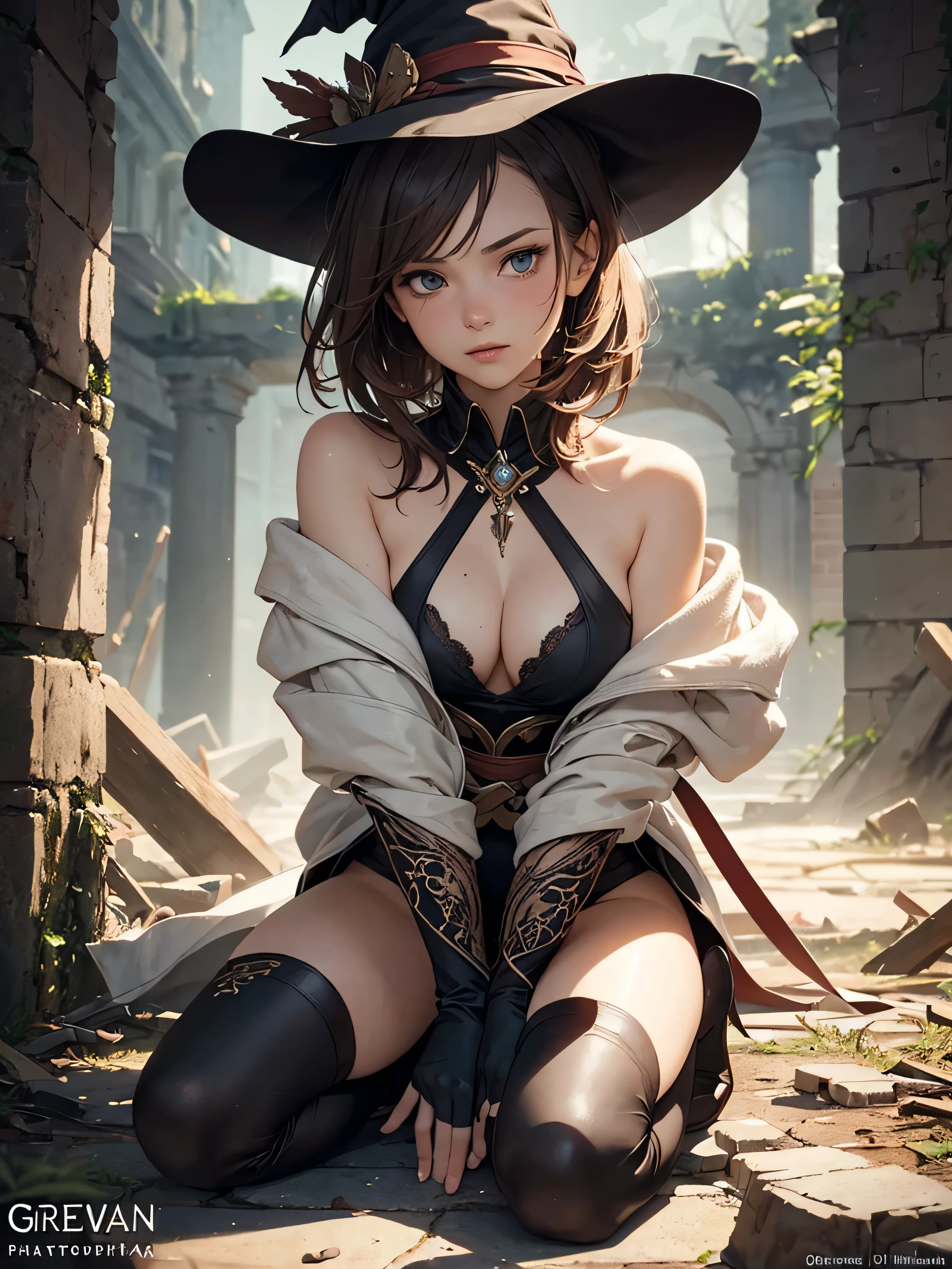 (by Greg Rutkowski: 1.2), (masterpiece), ((best quality)), extremely delicate and beautiful, illustration, highly detailed face and body.magician girl in the ruins of an ancient civilization, 1 girl, (close-up), witch, magic, high leg, bare shoulders, knee high boots, elbow gloves, hat, (sparkling eyes), gradient hair, (Zanarkand), broken column, large chiseled bricks, engravings, strange symbols, ((Heavy clothing, Very warm clothes)), cool face, HD. elegance. photorealism. Unreal engine. From Brian Froud and Carne Griffiths and Wadim Kashin and John William Waterhouse, 8K post-production, high resolution, hyperdetailed, depth of field, HDR, intricate