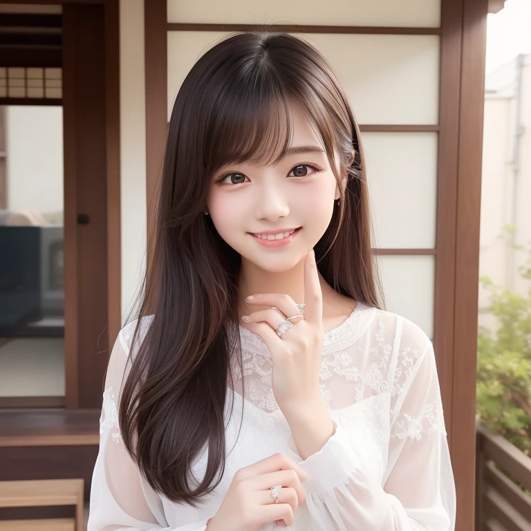 Raise your right hand straight up、Blushing smile、(Top quality masterpiece:1.2)Delicate illustrations、Super detailed、Big Break/(ring/)、18 year old Japanese girl、Standing facing forward、idol、Girlfriend feeling、It is being requisitioned