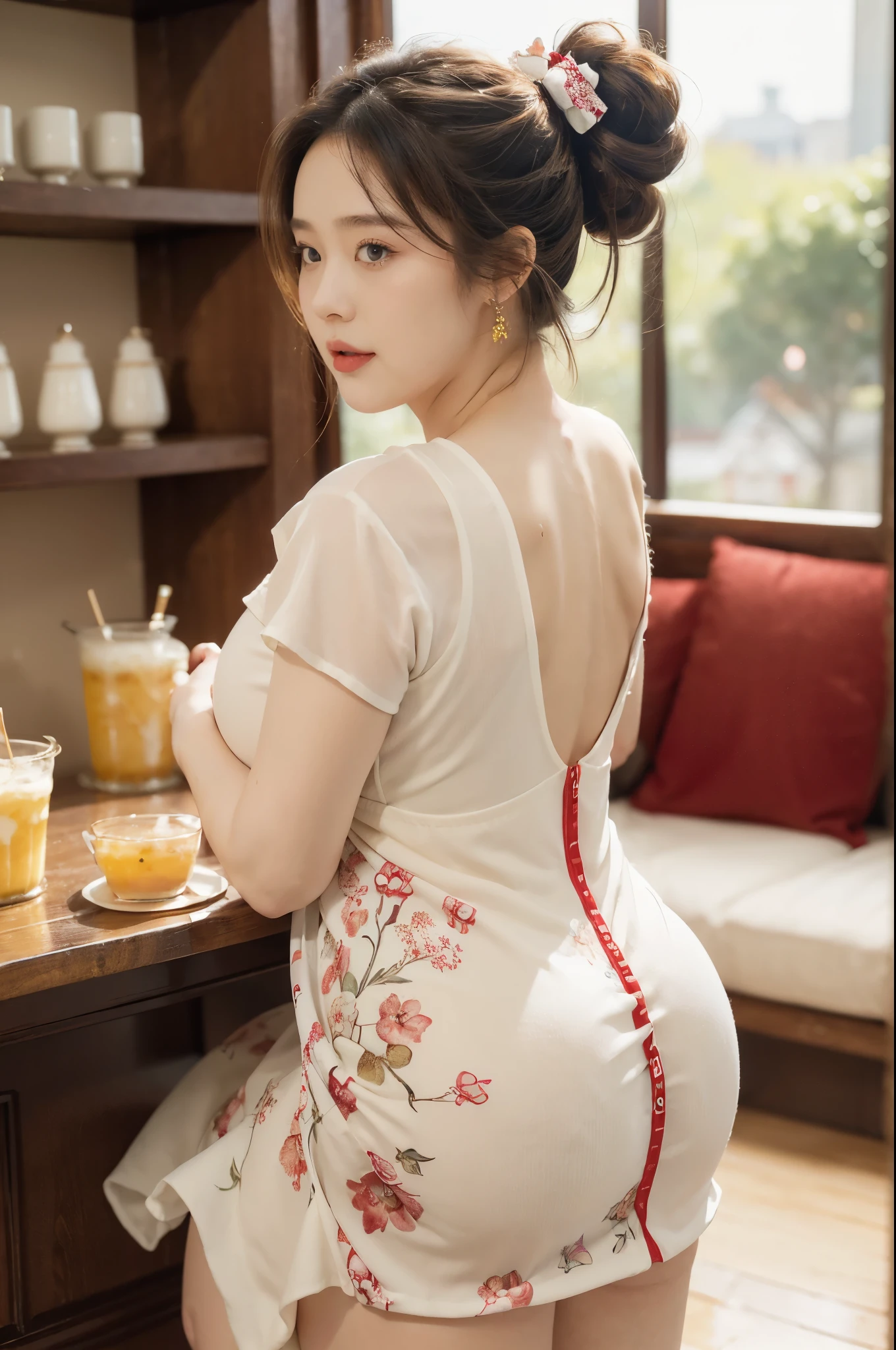 (((best quality))),(((ultra detailed))),(((masterpiece))),illustration,((a girl,solo)),(((obese,fat,plump,overweight))),((bare back,towering hips,butt crack)),(in Honey Snow City:1.3),(bubble tea:1.2), ((round face,double chin)),rosy cheeks, bright eyes,(short ponytail:1.2), delicate earrings,(short-sleeved dress:1.3), floral patterns,(hourglass figure:1.3),(Red and white theme:1.3),cozy tea shop, cheerful posters,sunlight, expressive face, joyful laughter, summer afternoon, content, at ease,((from back,upper body))