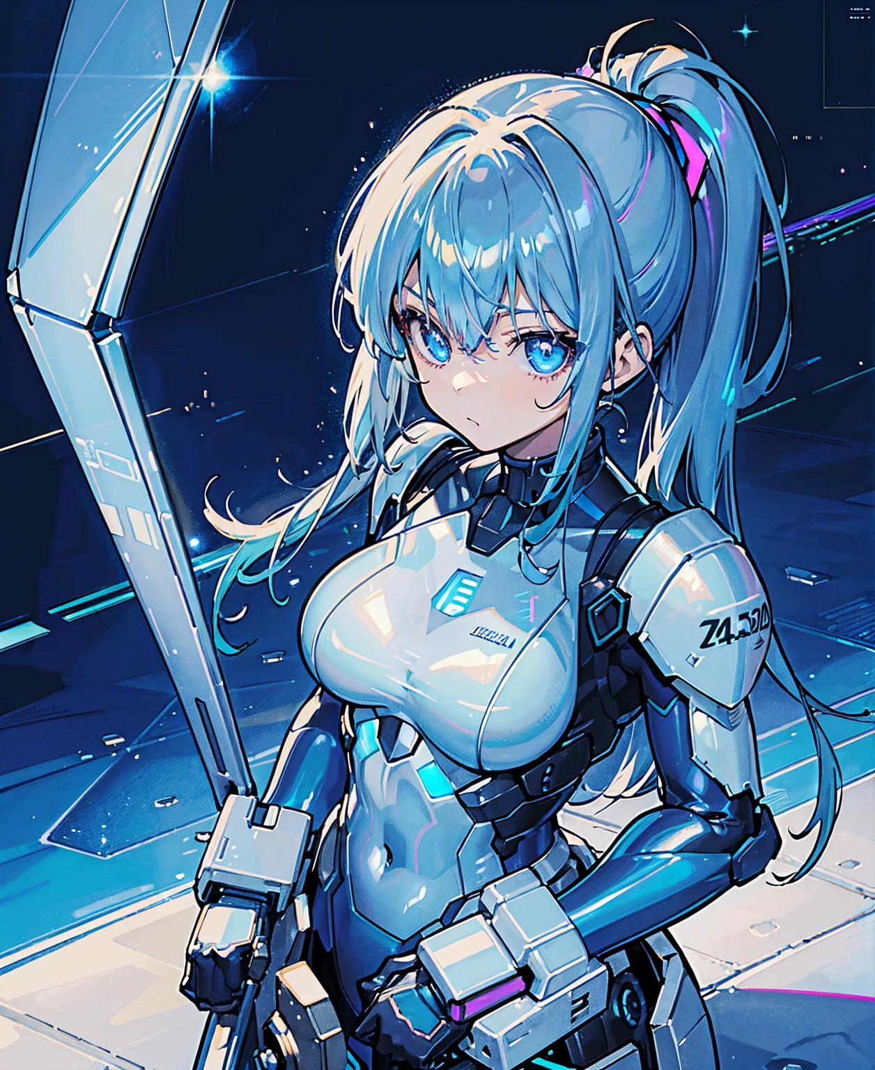 ((Holographic glow effect))、Blue Hair、Masterpiece、Best Quality、1 girl、Medium breast、((Album cover))、Light on Face、Slim Body、Blue Costume、Exoskeleton、metal Gear、Cyberpunk Style、ponytail、The Gundam pilot、attention arousal，Ride a fighter